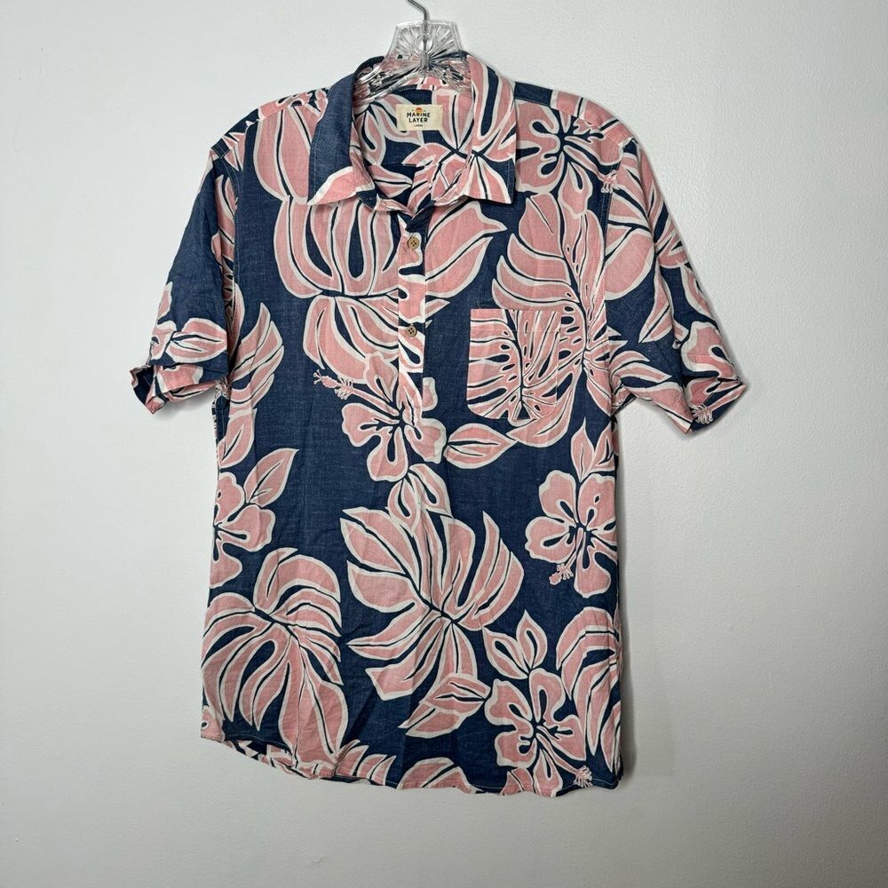 Marine Layer Navy & Pink Hawaiian Print Short-Sleeve Button Down